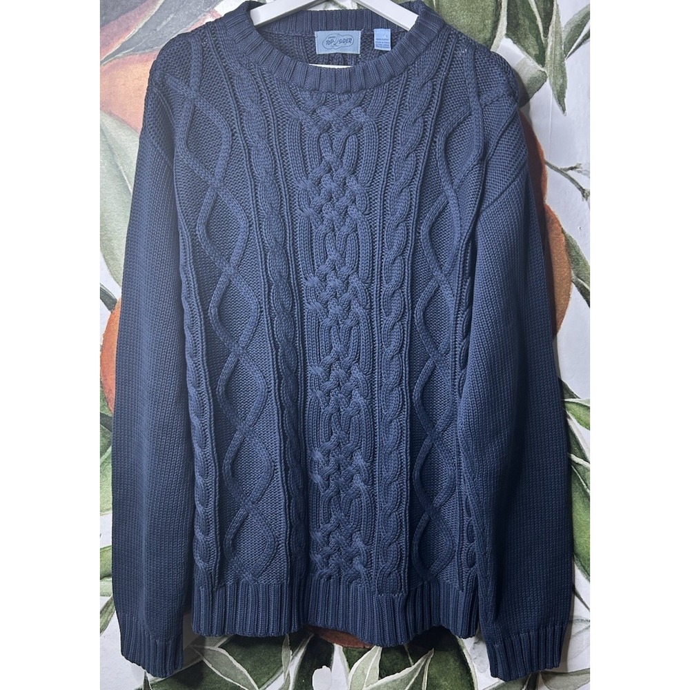 Sperry Top Sider Mens XL Navy Blue Crew Neck Cable Knit Pullover Sweater Cotton